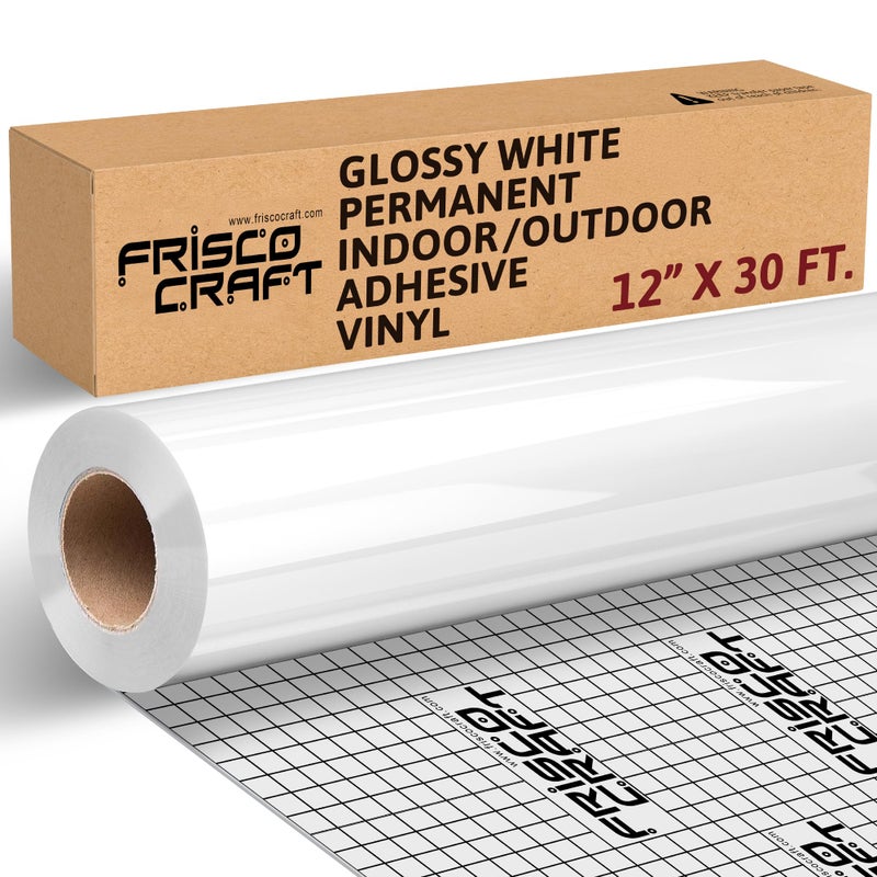 Frisco Craft Glossy White Permanent Vinyl - White Vinyl Roll - Permanent Outdoor, Water & Weather-Resistant with Siliconized Backing - Adhesive, Glossy (12" x 30ft) - Image 1